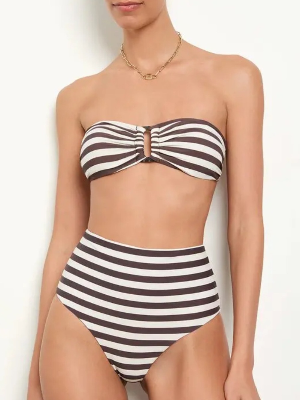 ANEMOS TORTOISE BANDEAU BIKINI SET IN ESPRESSO HORIZONTAL STRIPES